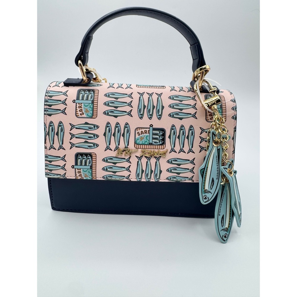 Betsey Johnson Sardine Navy Pink Leather Crossbody Top Handle Purse - Picture 14 of 14